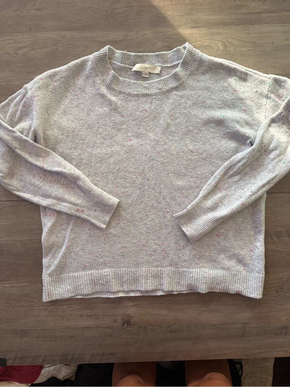 LOFT Light Gray Crewneck Sweater with Pink Speckle Detail